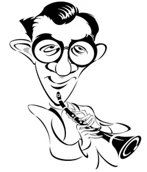 Benny Goodman, amerikanischer Jazz- und Swingmusiker, Klarinettist und Bandleader, bekannt als The King of Swing (1909 - 1986); Karikatur